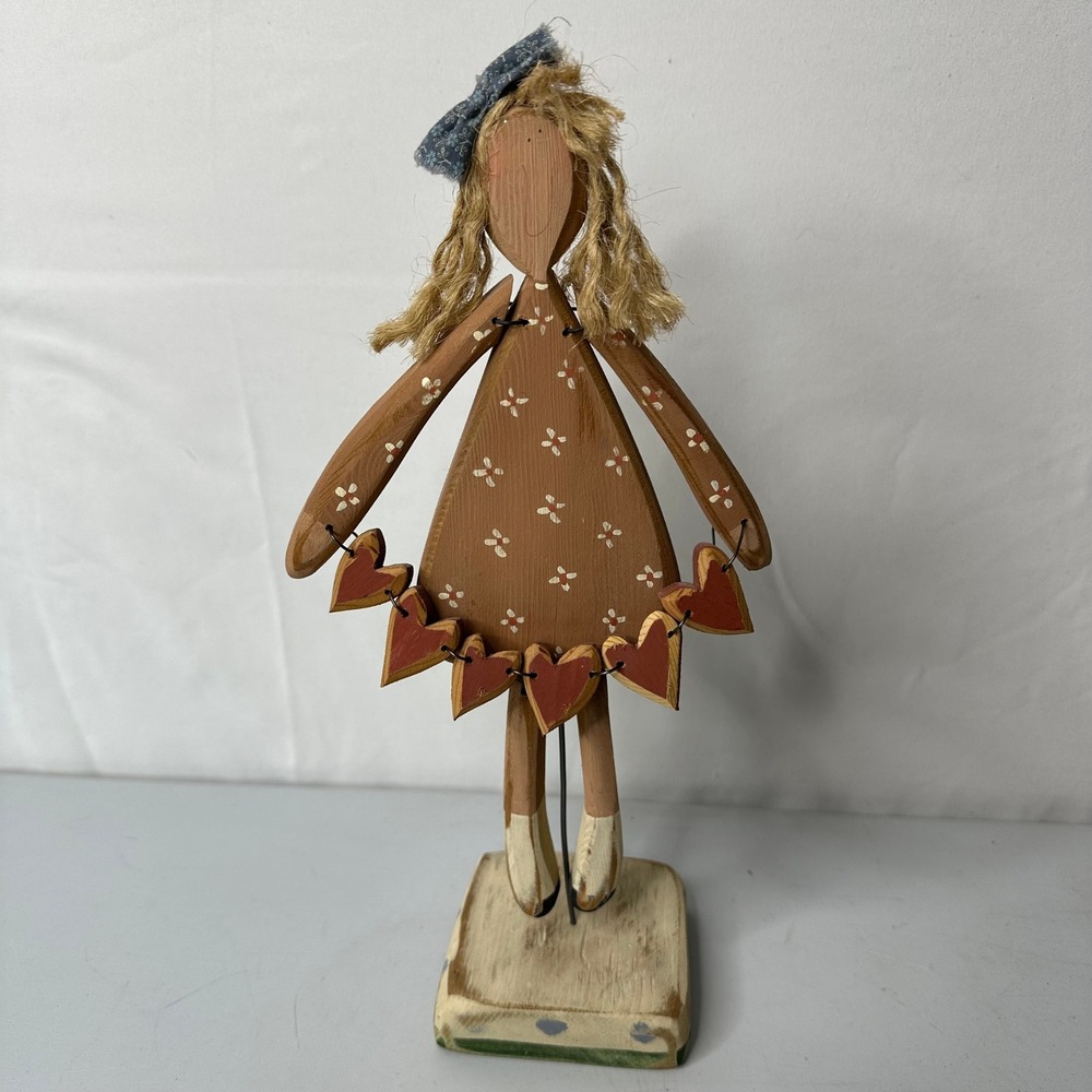 Vintage 1991 Nan Baker Signed Wooden Folk Art Doll Figurine Heart Garland 12"